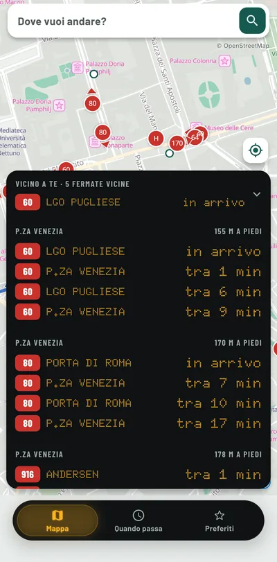 Apri l'app e sai già cosa passa. Senza scrivere niente, la palina “Vicino a te” mostra le fermate intorno: il 60 e l'80 sono in arrivo, il 916 passa tra un minuto.