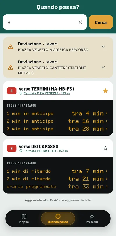 Quando passa l'H?. Scrivi la linea e vedi i passaggi nelle due direzioni, con quanti minuti di ritardo o di anticipo hanno, e le deviazioni per lavori.
