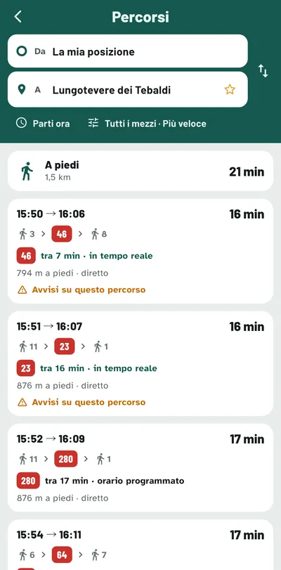 Scegli come andarci. 16 minuti con il 46 o con il 23, oppure 21 minuti a piedi. Ogni proposta dice se il tempo di attesa è reale o solo programmato.