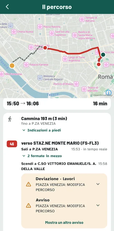 Sai dove salire e dove scendere. 193 metri a piedi fino alla fermata, 2 fermate sul 46, giù a Corso Vittorio Emanuele e poi a piedi. Tutto il tragitto è sulla mappa, con gli avvisi sulle deviazioni.